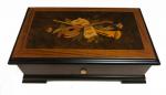 Renaissance Instruments on walnut pannel adorn Lid of dark elm music box