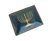 Menorah with natural flame and Intricate Menorah inlaid on Blue Box