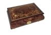 Dark burled elm musical box with gold baroque scroll work