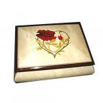 Red Rose on Leafy Heart on Glossy White Musical Box