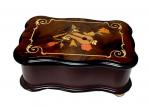 Small upscale scalloped music box with instrumental inlay