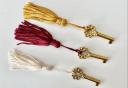 Ornate locking key with tassel in gold, wine or white