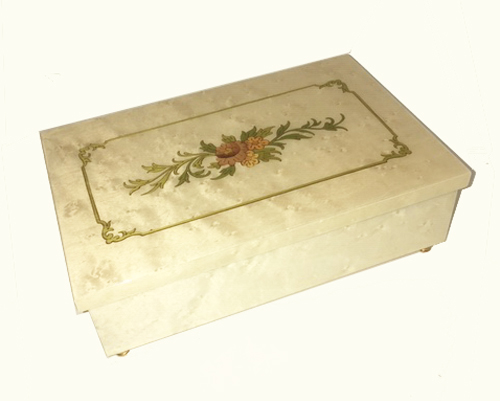 Straight Lined Floral Inlay on White Music Box