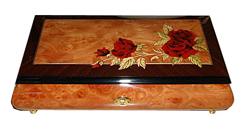 Elm and Walnut Box with Red Roses on corner of Lid 