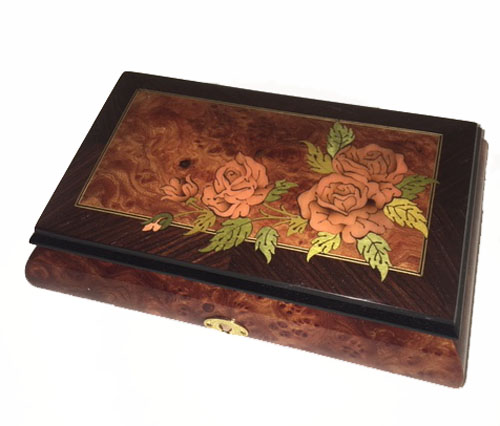 Three Roses on Corner of Elm and Walnut Music Box (1.18) Small