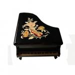 Piano shaped music box with stringed instrument and floral inlay