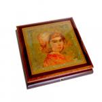 A Decoupage by Edna Hibel "Sophia" graces the lid of this Mahogany Music Box