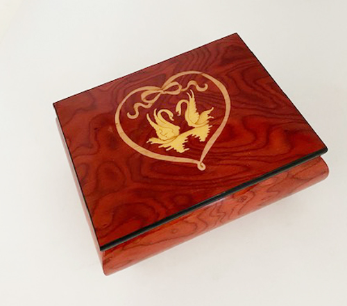 Two Swans in Heart on Wine Red Music Box