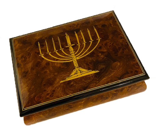 Judaica - Menorah Inlay on Blue or Elm Musical Box 