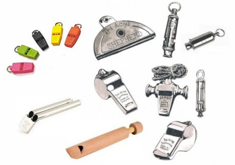 group of acme whistles, includes the Bobby, Siren, train, saftely, the shepherd, cog whistle, slide and   samba whistle