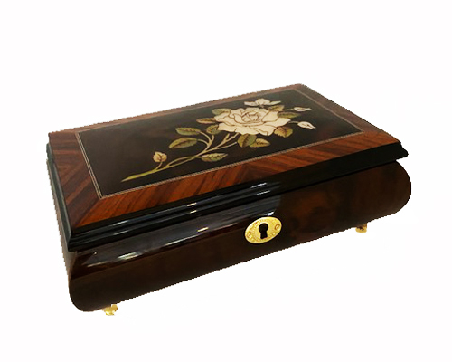 Front vies of Walnut and Elm 30 note Music box with White Rose