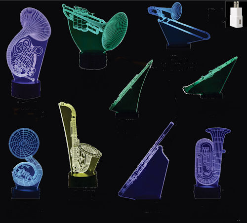 Selection of 3D acrylic LED wind instruments