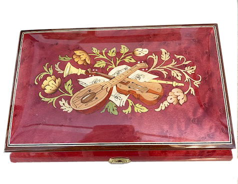 Instrumental and Floral Inlay on Wine Red Musical Box