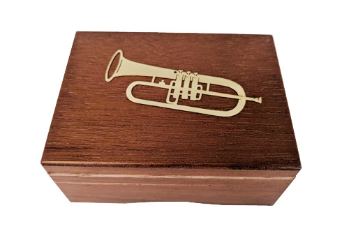 Applique Wood and Brass music box with Flugelhorn
